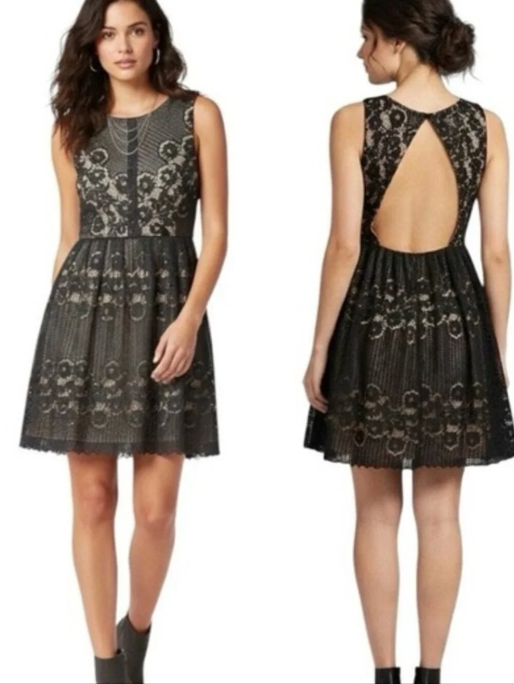 Free People Lace Overlay Sleeveless Keyhole Back Rocco Dress Women's 6 Black